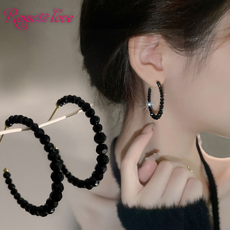 1 Pair Luxury Fashion Women Hoop Earrings High Qualiy Black imitation crystal C-shape Earrings Best Birthday Gift E1444