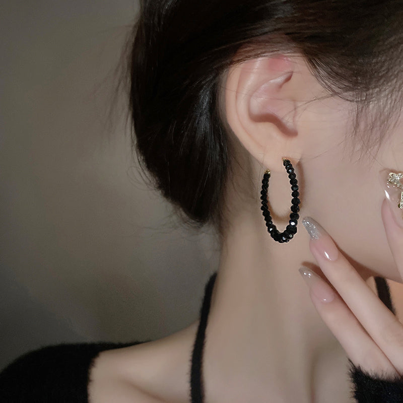 1 Pair Luxury Fashion Women Hoop Earrings High Qualiy Black imitation crystal C-shape Earrings Best Birthday Gift E1444