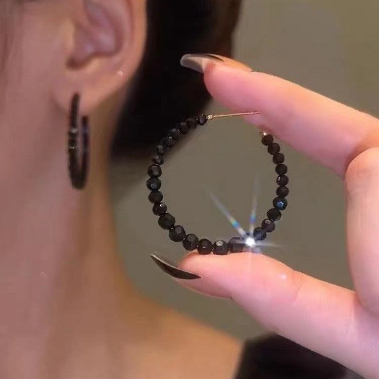 1 Pair Luxury Fashion Women Hoop Earrings High Qualiy Black imitation crystal C-shape Earrings Best Birthday Gift E1444