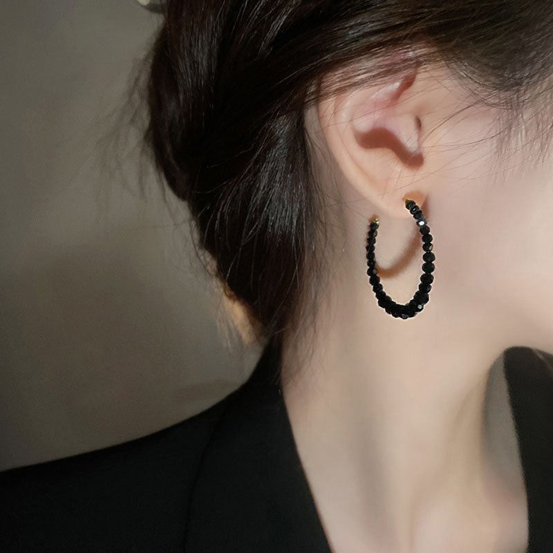 1 Pair Luxury Fashion Women Hoop Earrings High Qualiy Black imitation crystal C-shape Earrings Best Birthday Gift E1444