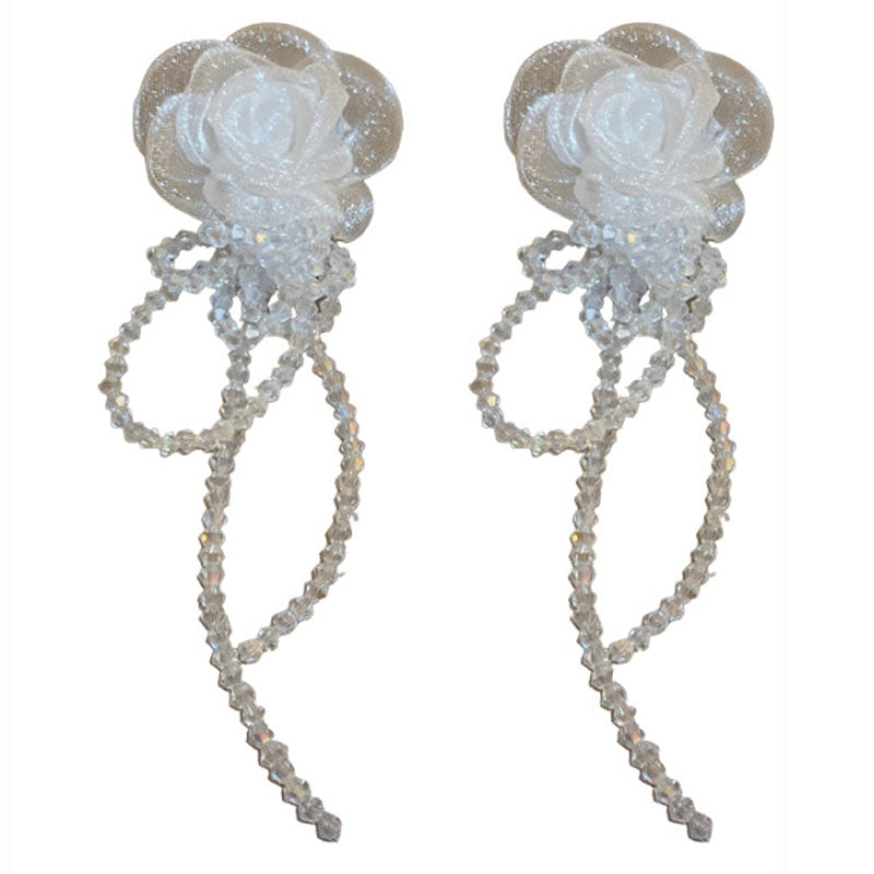 1 Pair Beautiful Fashion Women Gauze Flowers Earings Quality Crystal Tassel Earrings Wonderful Wedding Jewelry E1109