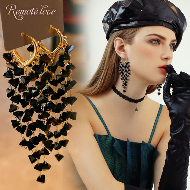 1 Pair Luxury Fashion Women Drop Earrings High Quality Black Imitation Crystal Tassel earrings Rhinestones Earrings Wonderful New Jewelry Best Birthday Gift E1576