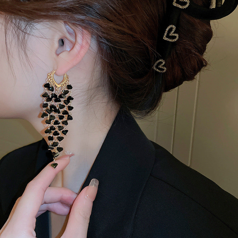 1 Pair Luxury Fashion Women Drop Earrings High Quality Black Imitation Crystal Tassel earrings Rhinestones Earrings Wonderful New Jewelry Best Birthday Gift E1576