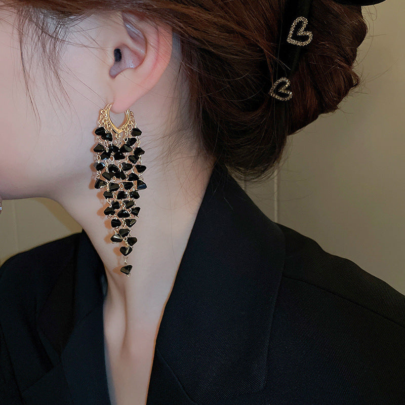 1 Pair Luxury Fashion Women Drop Earrings High Quality Black Imitation Crystal Tassel earrings Rhinestones Earrings Wonderful New Jewelry Best Birthday Gift E1576